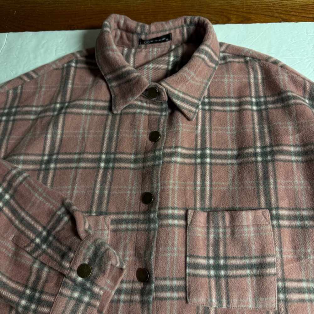 PRETTYGARDEN Pink Plaid Flannel Shacket Women XL Cotton Button Front Jacket